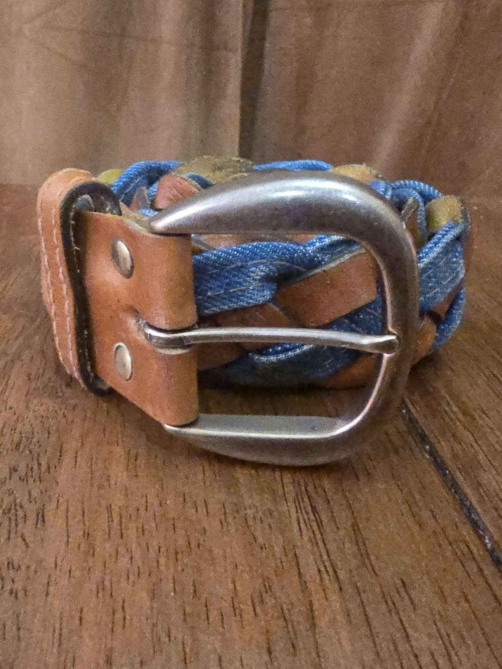 Vintage Leegin Leather & Denim Braided Belt Size 36 Western Boho Woven Tan 0967